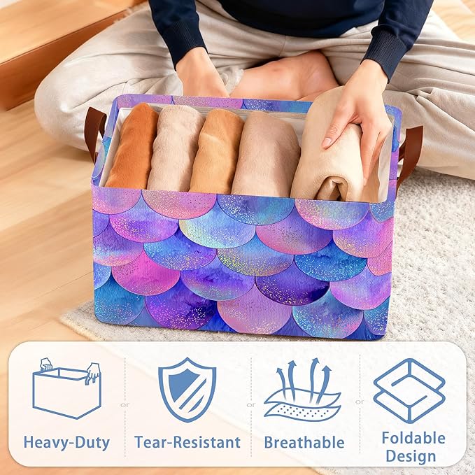 Glitter Fish Scales Storage Baskets,Mermaids Foldable Organizer Bin with Handles for Home Living Room Bedroom Closet Box 17x11.5x10Inch