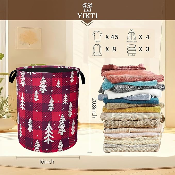 Christmas Tree Laundry Hamper,Red Plaid Collapsible Laundry Baskets,Waterproof Oxford Cloth Laundry Room Organization for Bedroom,Bathroom,Nursery,16x20 Inch