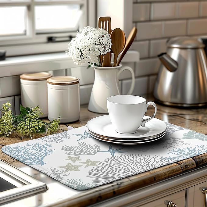 Wnoesat Coastal Dish Drying Mats for Kitchen Counter 18 x 24 Inch Summer Beach Drying Mat Coral Starfish Nautical Dish Rack Mat Ocean Themed Microfiber Absorbent Dish Drying Pad with Hanging Loop