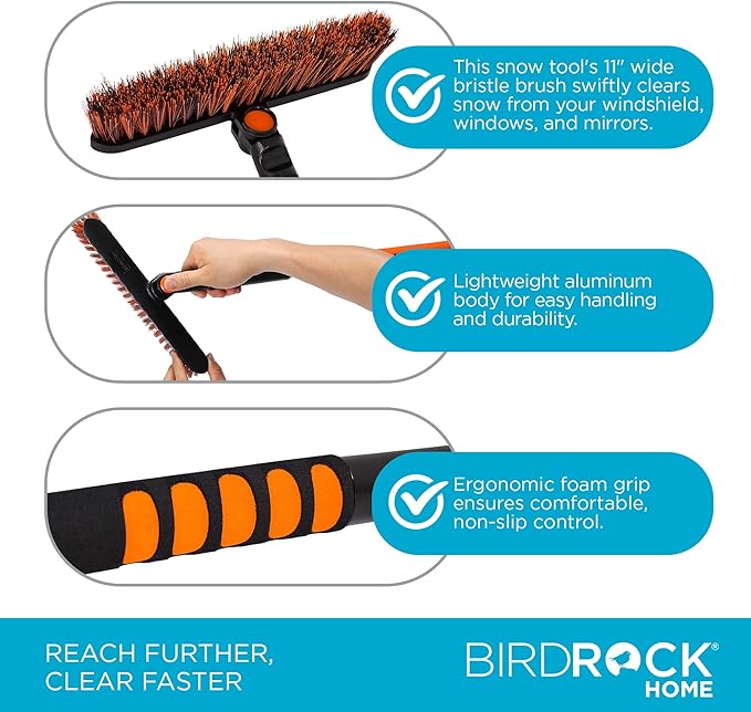 BIRDROCK HOME Snow Moover Extendable 50" Car Brush and Ice Scraper with Foam Grip | Auto Snow Removal | Car Truck SUV Windshield | Heavy Duty