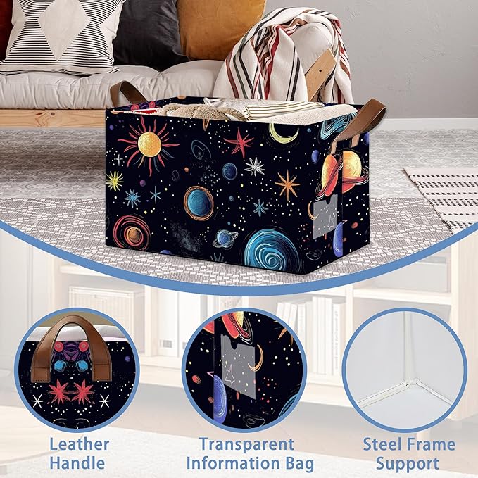 Celestial Planet Collapsible Storage Box,Sun Star Organizer Bin with Handles for Room Decoration,Bins Book Basket Box 17x11.5x10Inch