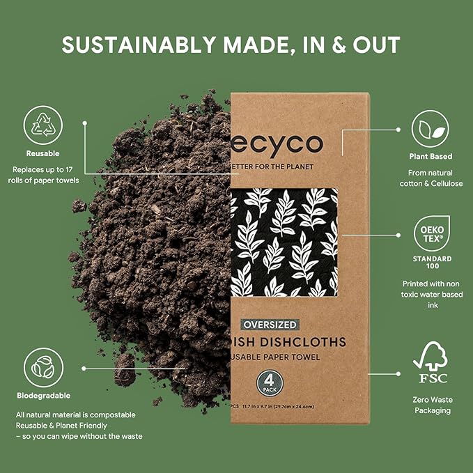 RECYCO Swedish Dishcloths for Kitchen | 4 Pack Oversized Washable Dish Rags | Large Cellulose Reusable Cleaning Paper Towels | Absorbent Counter Dish Cloth Sponge XL Kitchen Wipes, 12" L x 10" W