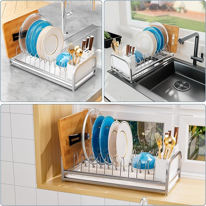 YEYPOP Dish Drying Rack for Small Kitchen Counter, 304 Stainless Steel Small Dish Rack w Utensil Holder & Tray for Limited Space, Rustproof Narrow Dish Rack for Pot & Pan, Plate, Lid (Silvery)