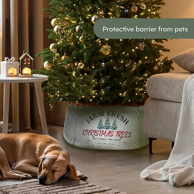 Hallops Galvanized Christmas Tree Collar - Adjustable Metal Christmas Tree Skirt - Standard Size, 28 Inch Base - Durable Christmas Decor for Large and Small Trees - Distressed White Farmhouse Design