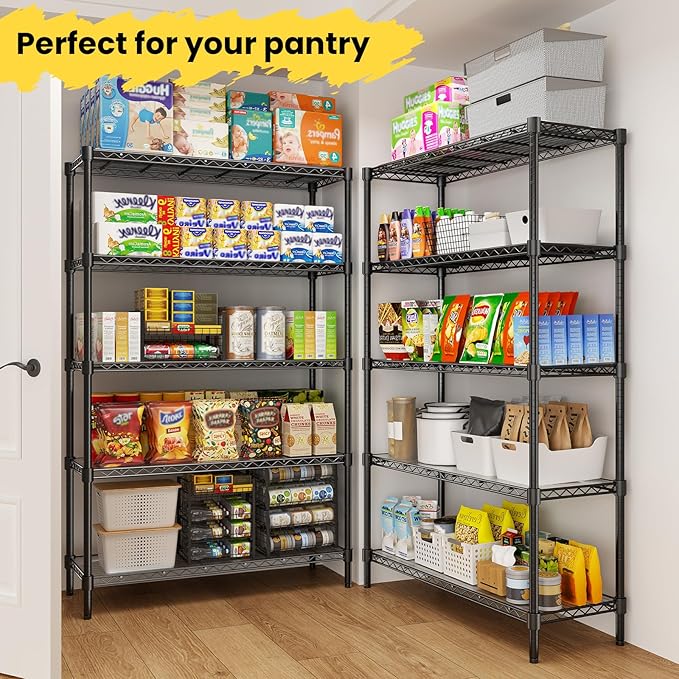 RackBro 45" W Storage Shelves 5 Tier Wire Shelving, Adjustable Metal Shelving Unit with Shelf Liners, 1875LBS Heavy Duty Storage Rack for Garage Pantry Kitchen Commercial, 45" W x 16" D x 72" H, Black