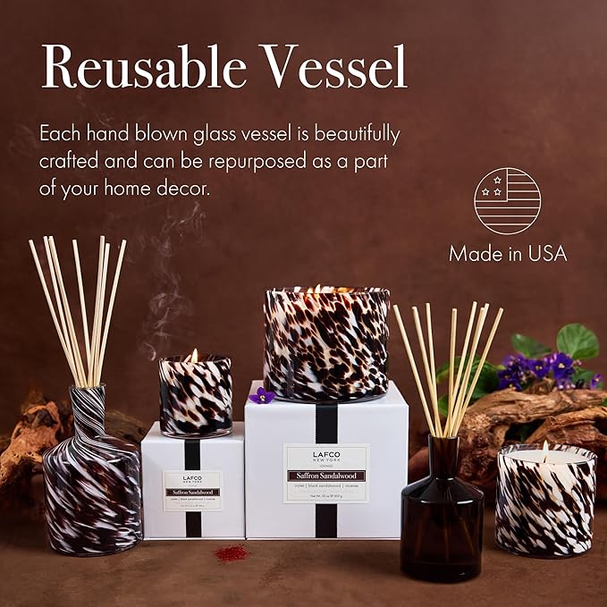 LAFCO New York Signature Fall Reed Diffuser, Saffron Sandalwood - 15 oz - Up to 9 Months Fragrance Life - Reusable, Hand Blown Glass Vessel - Natural Wood Reeds - Made in The USA