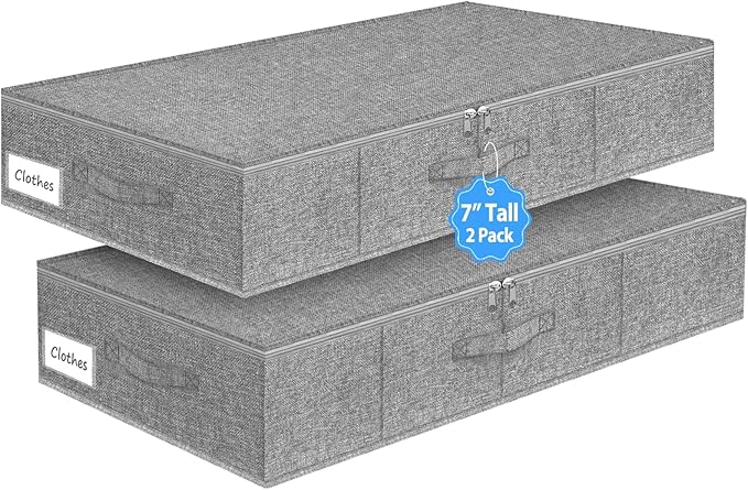 boailydi Under Bed Storage Container, 7" Tall Underbed Storage Bin with Rigid Sides & Bottom, Large Under-Bed Clothes Organizer with Zippered Lid for Bedroom, Dorm, Sofa, 30x15x6.7, Grey