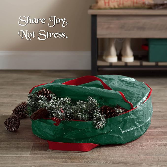 ZOBER Christmas Wreath Storage Container 36 Inch - Wreath Bag for Artificial Wreaths Box - Dual Zippered Wreaths Storage Bag with Strong Durable Handles - Green