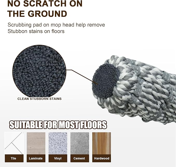 kickleen Self Wringing Mop Floor Cleaning, Easy Squeeze Twist Mop, Heavy Duty Wet Mops for Cleaning Hardwood Tile Vinyl Laminate Floors (Gray- 2 Head)
