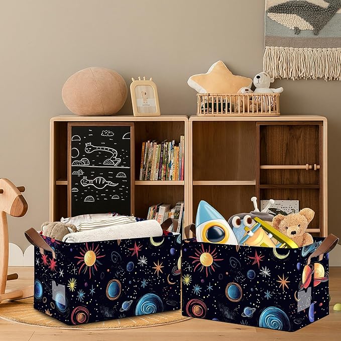 Celestial Planet Collapsible Storage Box,Sun Star Organizer Bin with Handles for Room Decoration,Bins Book Basket Box 17x11.5x10Inch