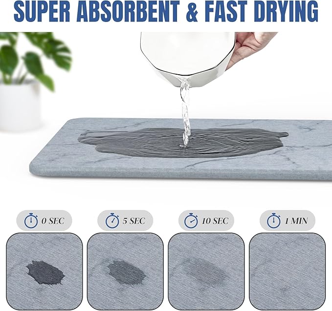 CREOMG Quick Dry Stone Drying Mat for Kitchen Counter, Water-Absorbent Diatomaceous Dish Drying Mats, Multi-Purpose Stone Drying Tray for Cups Dishes Bottles, Light Gray-Marble, 15.7" x 11.8"