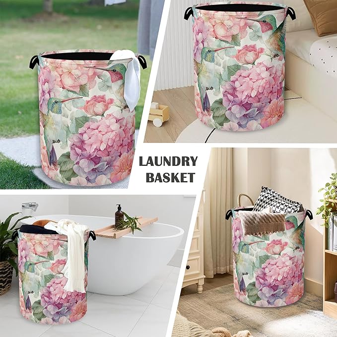 Hummingbird Laundry Hamper,Pink Flower Floral Dirty Clothes Laundry Basket with Handles Waterproof Oxford Cloth Storage Basket for College Dorms Bathroom Bedroom 16" x 20.8"