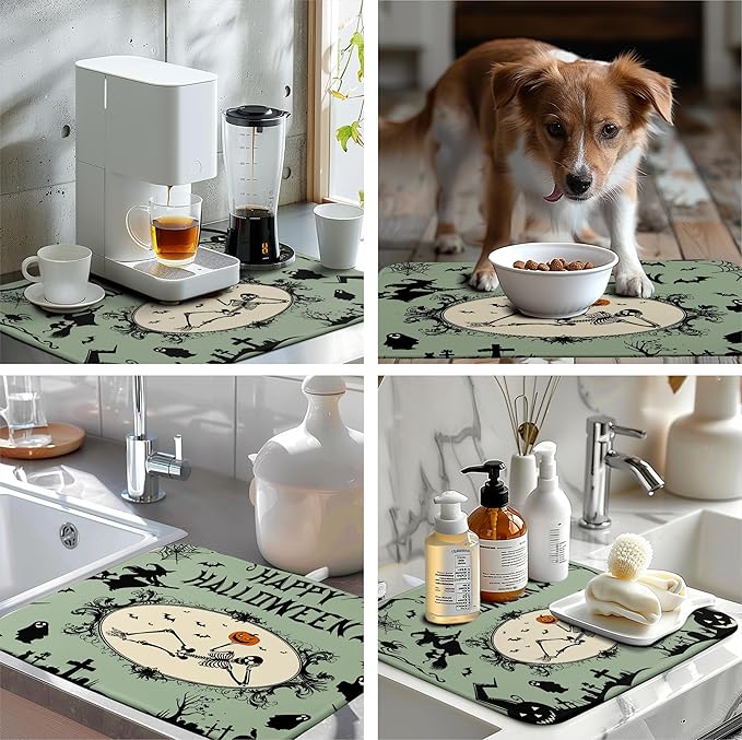 Wnoesat Happy Halloween Dish Drying Mat for Kitchen Counter 18x24 Skull Pumpkin Witch Spider Web Bat Ghost Drying Mats Green Black Absorbent Microfiber Dish Drainer Rack Pad for Coffee Bar