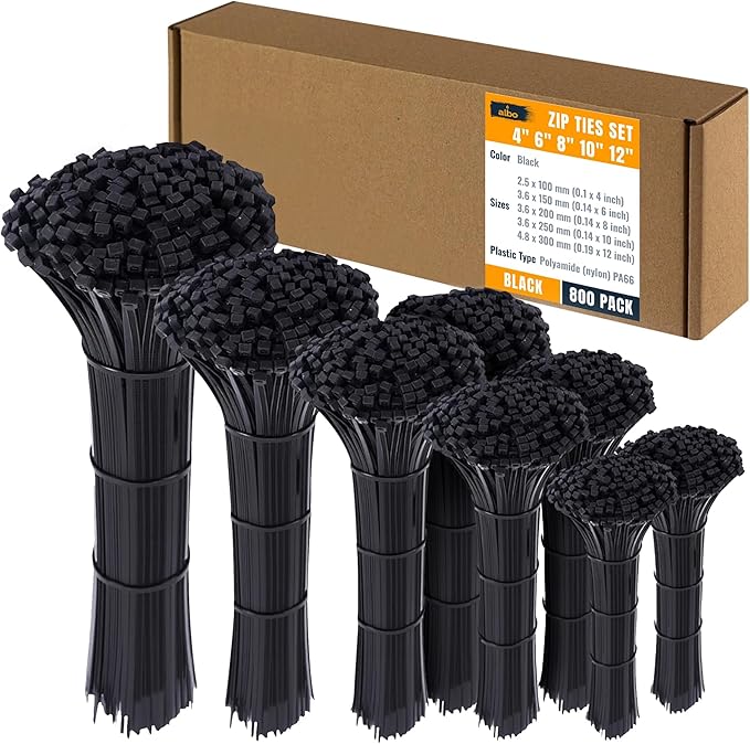 ALBO Black Zip Ties Assorted Sizes 800 Pack 4+6+8+10+12 Inch Plastic Black Cable Ties Wire Tie UV Resistant Nylon Tie Wraps Assorted Sizes