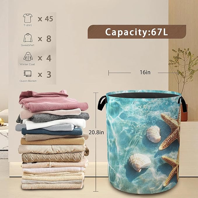 Starfish Shells Laundry Basket,Sea Beach Collapsible Laundry Baskets with Handles,Waterproof Oxford Cloth Storage Basket 16"x20" for Bathroom/Bedroom/Dormitories