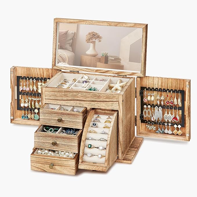 Jewelry Box Organizer, Solid Wood Jewelry Boxes fow Women with Mirror, Double Layer Jewelry Organizer Box Display Earring Necklace Bracelet Ring, Rustic Style Small Jewelry Box for Girls