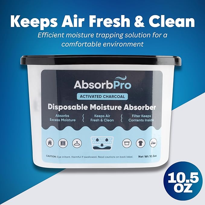 Absorb Pro - Moisture Absorber Tub with Activated Charcoal - 6-Pack - 10.5 oz Disposable Odor Eliminator Box & Dehumidifier for Garage, Home, Kitchen, Bedroom, Bathroom, Closet, Cars, and Boats