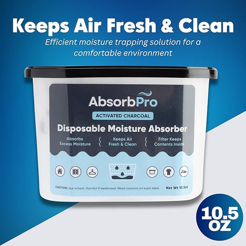 Absorb Pro - Moisture Absorber Tub with Activated Charcoal - 6-Pack - 10.5 oz Disposable Odor Eliminator Box & Dehumidifier for Garage, Home, Kitchen, Bedroom, Bathroom, Closet, Cars, and Boats