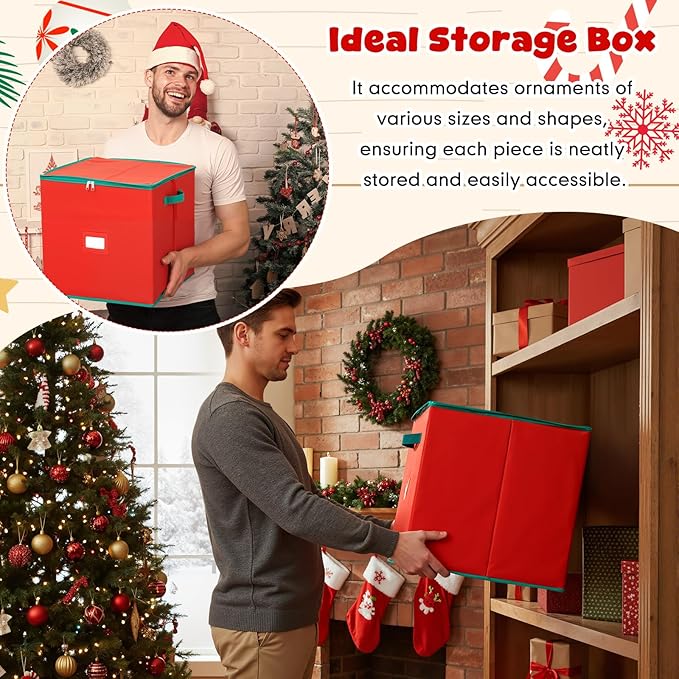 Pinkunn 64pcs 4in Christmas Ornament Storage Box with Dividers Tray Stores Holiday Ornament Adjustable Dividers Double Zipper Label Slot Two Handles Storage Container Box Keeps Xmas Decor(red)