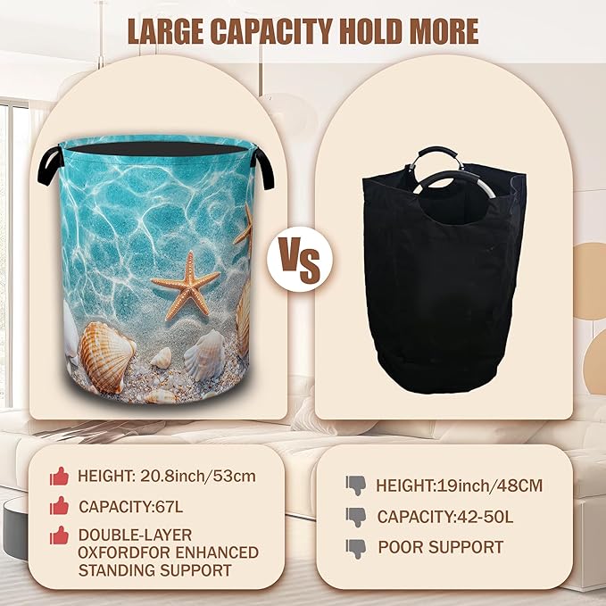 Laundry Hamper,Starfish and Seashell on Beach Collapsible Laundry Baskets Waterproof Oxford Cloth With Handles,Clothes Storage Bucket Toy Organizer For Bathroom/Nursery/Bedroom 16" x 20.8"