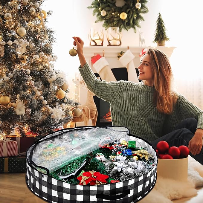Aliceset 4 Pack Wreath Storage Containers, Christmas Ornament Garland Wreath Storage Bags with Handle Dual Zipper Large Decorative Storages Box for Winter Wreaths(36 x 36 x 7.8 Inch,Black White Plaid)