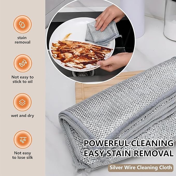 Reuseable Cleaning Cloth,Soft Wire Dishwashing Rags ,Double layer multi-purpose anti-scratch steel wire multi-purpose cleaning cloth,Suitable for tableware, metal,kitchen,home,office (10-Silver)