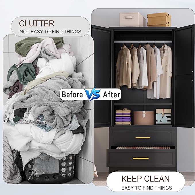 Metal Armoire Wardrobe Closet, 71 "Metal Clothing Storage Cabinet with Mirror and Adjustable Shelves, Household Steel Wardrobe Storage Cabinet with 2 Drawers and Hanging Rod(Armoire-Black)