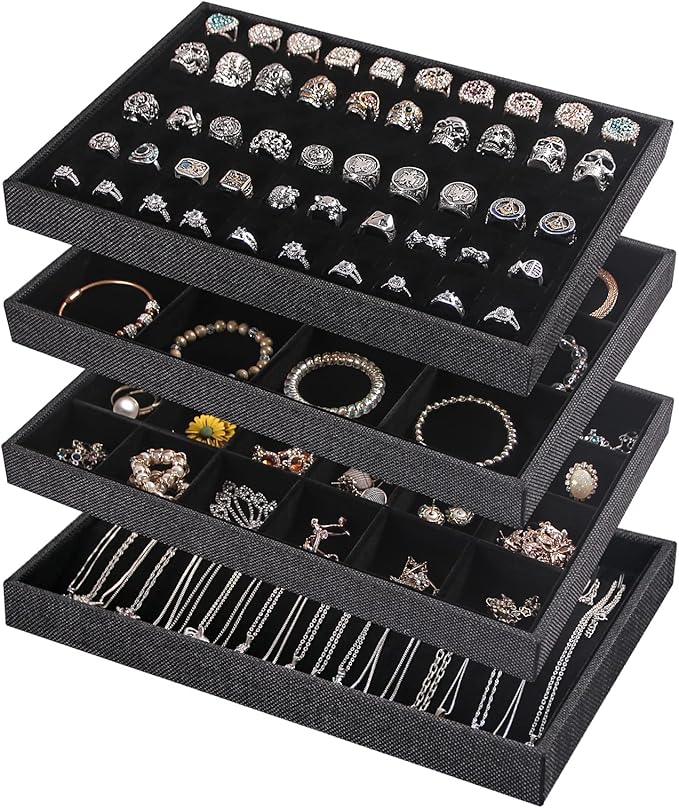Julysky 4 Pcs/set Stackable Jewelry Organizer Trays for Drawer,100 Slots Ring Tray，Necklace Tray,12 Grid,24 Grid Jewelry Displays for Selling,Black