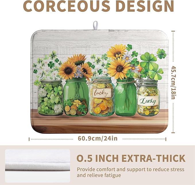 St Patricks Day Shamrock Dish Drying Mats St Patrick's Day Spring Dish Mat Sunflowers Drying Matt Dishes Dryer Pad for Kitchen Counter Absorbent Microfiber Washable Foldable Reusable 18x24 in