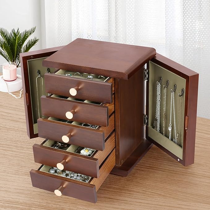 Kendal Wooden Jewelry Box for Women, Wooden Jewelry Organizer, 5-Layer Jewelry Organizer Box with Side Door, Jewelry Holder Organizer for Earrings, Necklaces, Rings