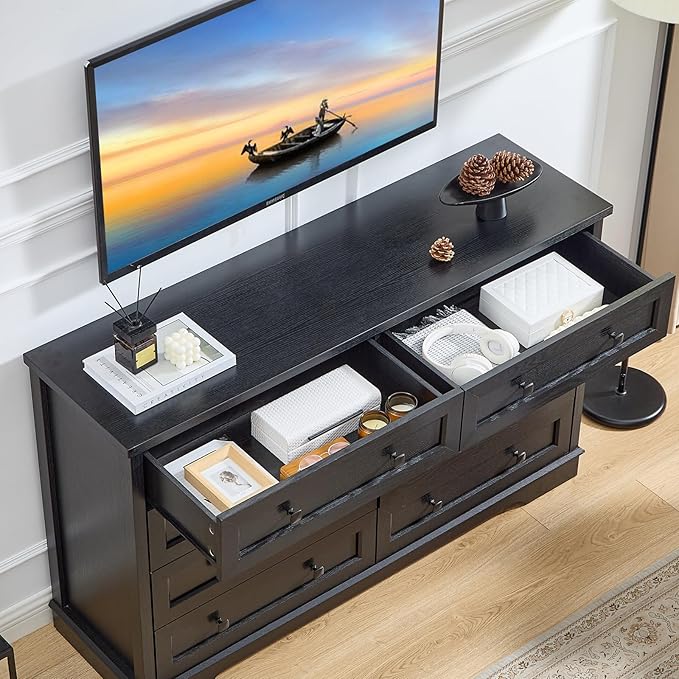 LIDYUK 8-Drawer Black Dresser for Bedroom Farmhouse Dresser Chest of Drawers, 55" Wide Clothes Organizer Wood Chest of Drawers for Bedroom, Living Room