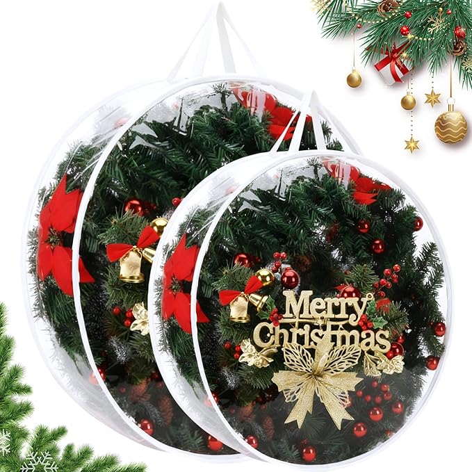 Zhengmy 2 Pcs Christmas Wreath Storage Bags Transparent Wreath Storage Container Wreaths Box with Dual Zippers and Handles for Xmas Holiday Wreaths Garland (24 Inch, 36 Inch)