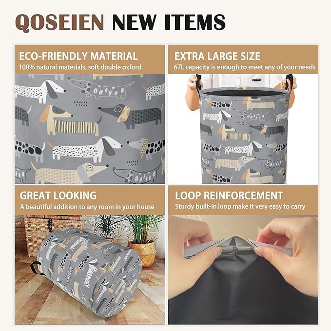 Cute Dachshunds Laundry Basket,Grey Dogs Collapsible Laundry Baskets with Handles,Waterproof Oxford Cloth Storage Basket 16"x20" for Bathroom/Bedroom/Dormitories