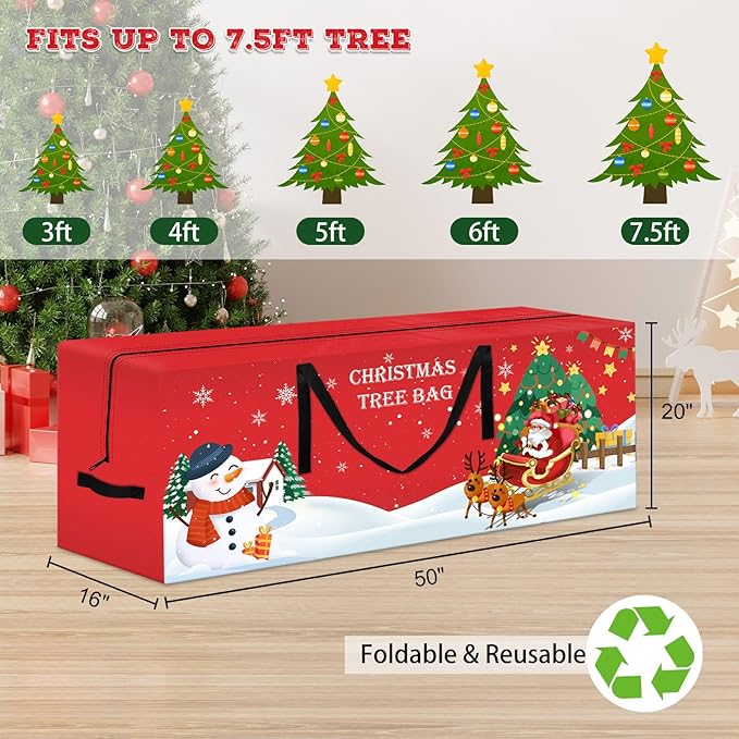 Christmas Tree Storage Bag 7.5 Ft Large Christmas Tree Bag with Reinforced Handles & Dual Zippers Wide Opening, Heavy Duty Oxford Fabric Xmas Ornament Storage Box Protects From Moisture, Dust (Red)