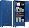 75" Kitchen Pantry Cabinet with Drawer, Metal Storage Cabinets with Doors and Adjustable Shelves, Blue Tall Pantry Cabinet for Dinning Living Room, Home