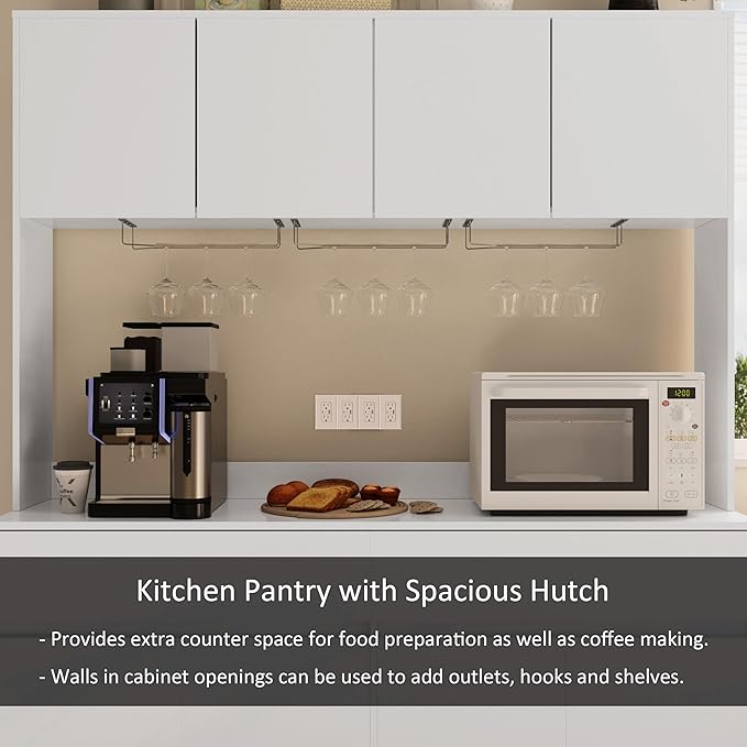 Kitchen Hutch Storage Cabinet, 63" W Large Pantry Cabinets with Microwave Oven Countertop, Freestanding Kitchen Pantry Storage Cabinet with 4 Doors, 2 Drawers and 7 Shelves, White