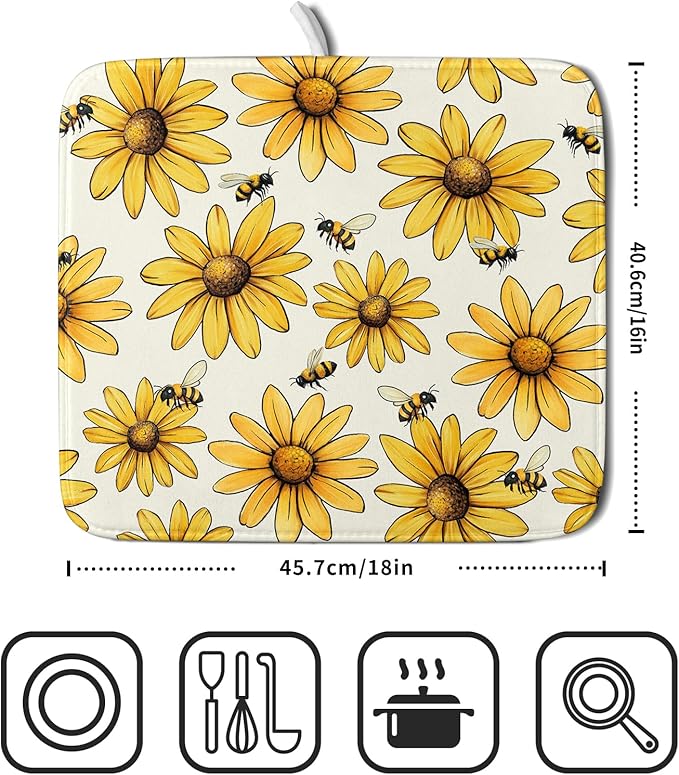ABSOP Spring Summer Sunflower Bee Dish Drying Mat of Kitchen Counter 18×24 Inch Floral Drainer Pad Flower Dish Rack Pad Drainer Mat Washable Absorbent Reversible Microfiber for Coffee Bar