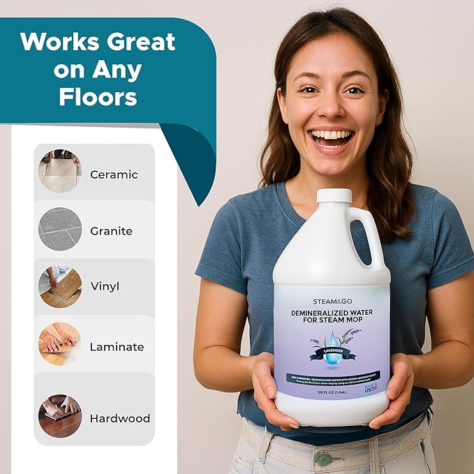 Steam & Go Demineralized Water Cleaning Solution for Floor & Multi-Surface Steam Cleaners - Compatible for All Steam Mops - Lavender Scent, 128 oz