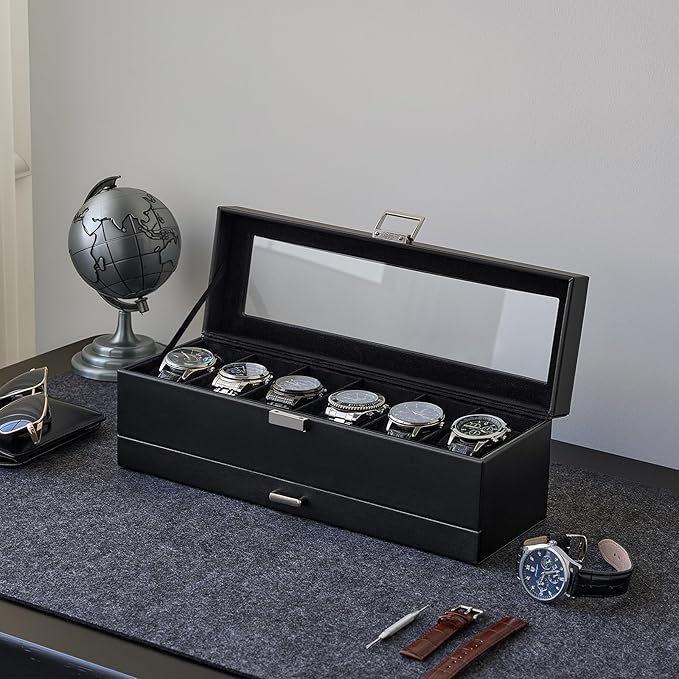 ProCase Watch Case, 6 Slot Mens Watch Box Holder Organizer with Glass Lid, 2-Layer Watches Display Case, Mens Jewelry Box with Drawer, Birthday Valentine Gifts for Men Women -6 Slot, Black
