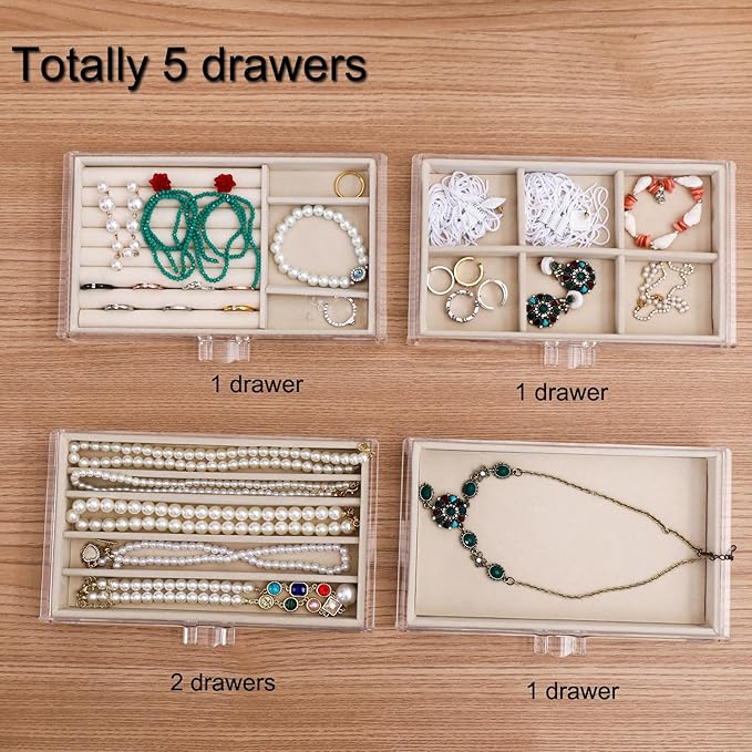Necklace Organizer Box, Tray with 5 Drawers, Dustproof Velvet Necklaces Storage Holder Display Case, jewelry box for necklaces for Pendant Suitable for Women and Girls (5Drawer)