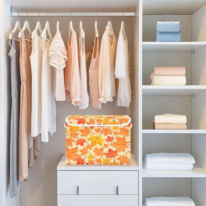 Bolaz Storage Bins with Lids and Handles, Autumn Maple Leaf Yellow Fallen Leaves Storage Box Storage Basket with Cover Collapsible Organizer Containers for Home Closet, Shelves