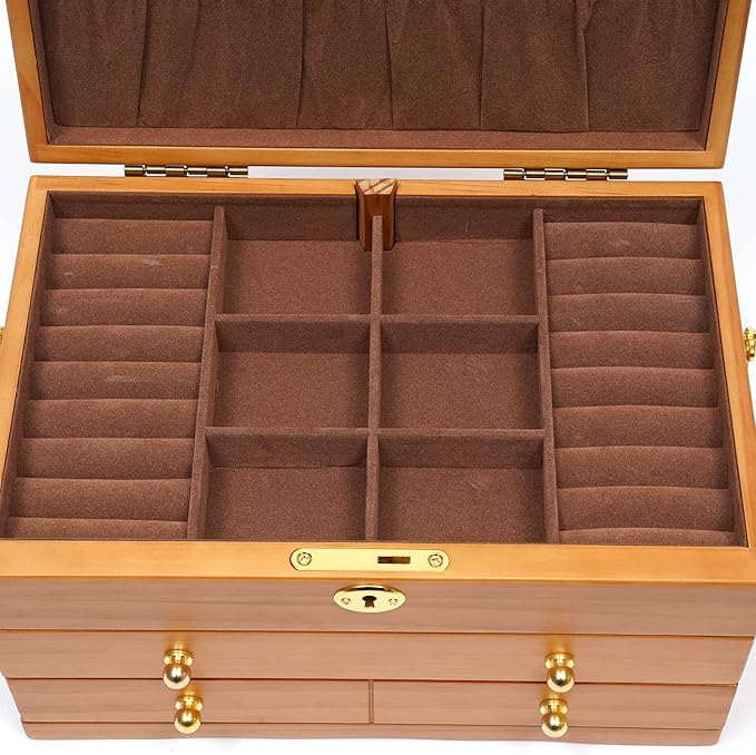 Wooden Jewelry Box,Vintage Jewelry Organizer with Lock,3 Layers Large Capacity Jewelry Holder Watches Necklace Ring Storage Box (Wooden)