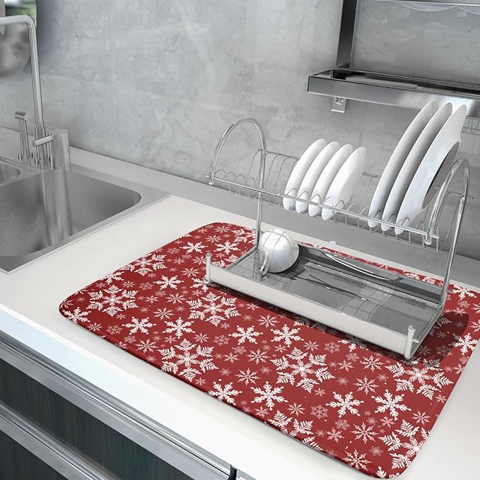 Christmas Dish Drying Mat for Kitchen Counter 24x18 Inch Xmas Snowflake Drying Mat with Absorbent Reversible Microfiber Red Dish Drainer Mats Rack Pad for Coffee Countertop Protector