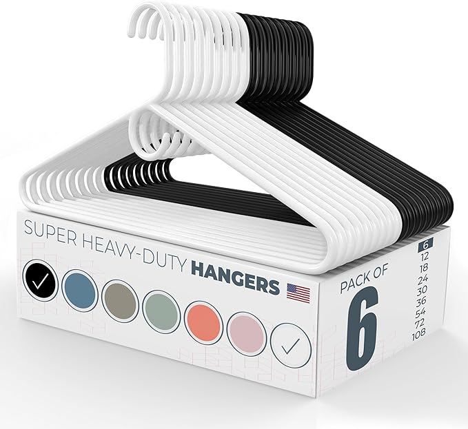 Neaties Super Heavy Duty Clothes Hangers 6 Pack – Made in The USA - 10lb Capacity, Thick Plastic Hangers for Pants, Coats, Jackets, Jeans and Adult Clothing – White & Black