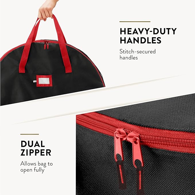 ZOBER 2 Pack Oxford Christmas Wreath Storage Container 24 Inch - Wreath Bag for Artificial Wreaths Box - Waterproof Fabric, Dual Zippered Wreaths Storage Bag With Strong Durable Handles - Black