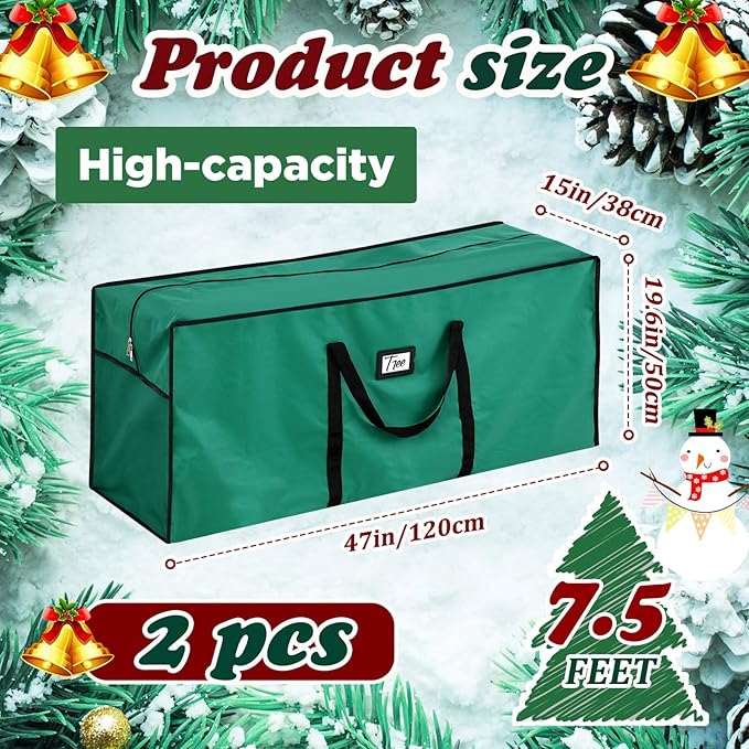 Paterr 2 Pack 7.5 ft Large Christmas Tree Storage Bag, 600d Waterproof Oxford Heavy Duty Artificial Christmas Tree Container Trees Storage Holder Bag Box with Reinforced Handle Dual Zipper(Green)
