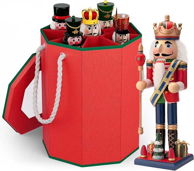 VERONLY Nutcracker Storage Box, Octagonal Figurine Collectible Organizer with Clear Top & Handles, Christmas Decor Storage for 9-16" Holiday Figurines and Soldier Dolls Collection