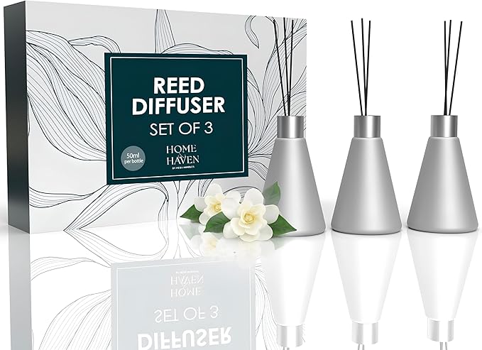 Mega Handles Reed Diffuser Sets (50ml) - 3 Pack White Flower Scent Bathroom Diffuser, Elegant Reed Diffuser for Shelf Decor, Decorative Air Freshener for Large Rooms - Satin Nickel
