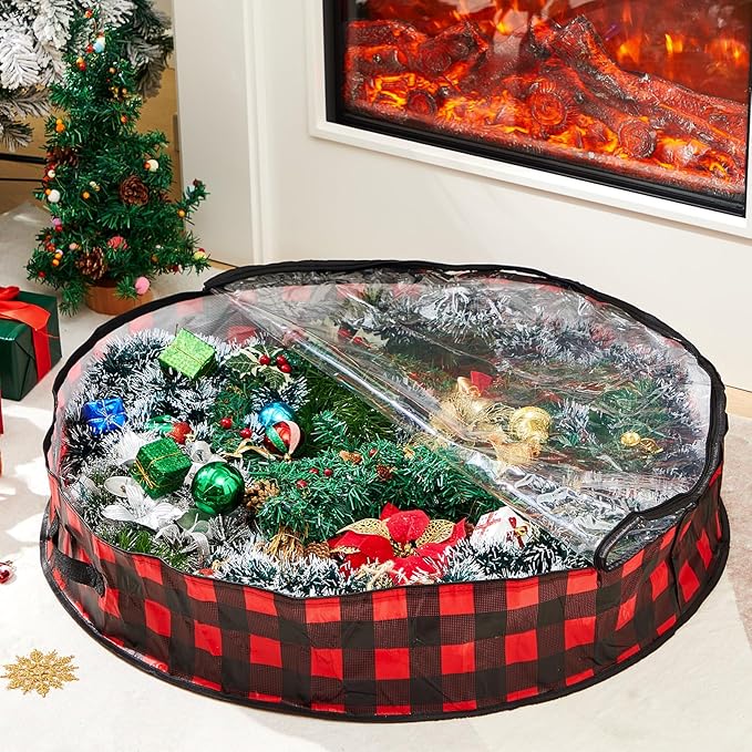 Aliceset 4 Pack Wreath Storage Containers, Christmas Ornament Garland Wreath Storage Bags with Handle Dual Zipper Large Decorative Storages Box for Winter Wreaths(36 x 36 x 7.8 Inch,Red Black Plaid)