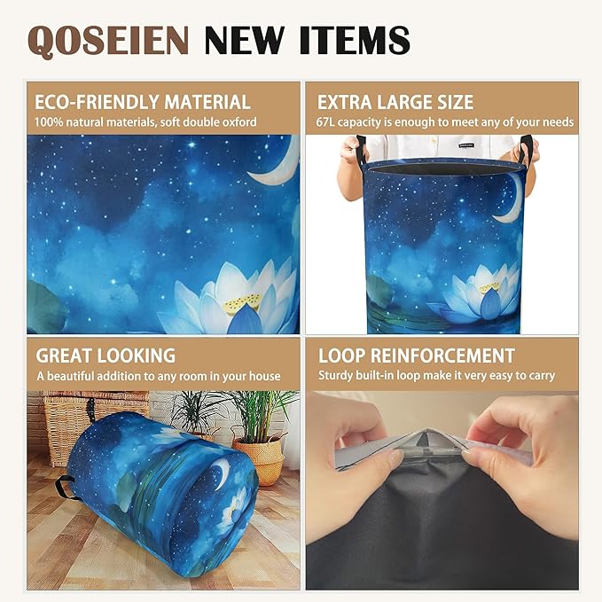 Waterlily Moon Laundry Hamper,Collapsible Laundry Baskets,Starry Night Dirty Clothes Baskets with Handles,Oxford Cloth Hamper for Bedroom,Bathroom,College Dorms, 16"x20"